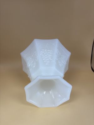 Glass. USA. Anchor Hocking. Dish. Milk Glass Pedestal. Grape Pattern. Octagonal Shape. 5.5"L. 5"H.