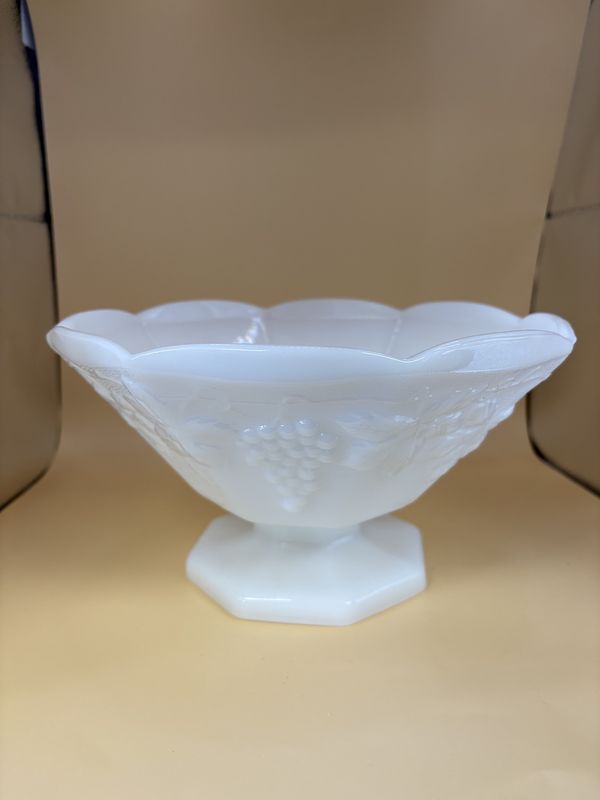 Glass. USA. Anchor Hocking. Dish. Grape Design. Milk Glass. Octagonal. 9.25&quot;L. 5.25&quot;H.