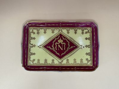 Porcelain. France. Porcelaine de Paris. Small Antique Tray (1815-1870). "N" Initial. Yellow w/Red Accents &amp; Gold Gilding. 6.5''W