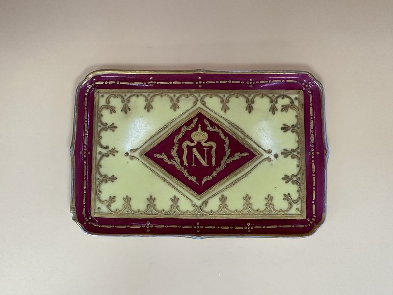 Porcelain. France. Porcelaine de Paris. Small Antique Tray (1815-1870). &quot;N&quot; Initial. Yellow w/Red Accents &amp; Gold Gilding. 6.5&#39;&#39;W