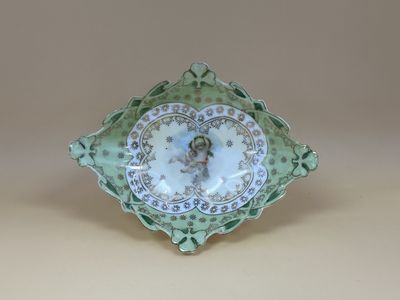 Porcelain. Antique Trinket Dish w/Angel &amp; Shamrocks. Mint Green. 5.5"W