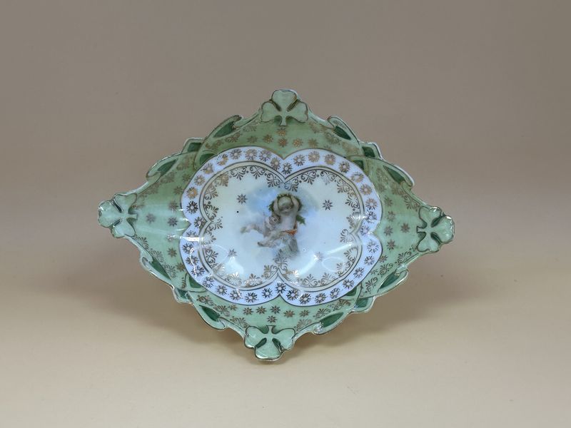 Porcelain. Antique Trinket Dish w/Angel &amp; Shamrocks. Mint Green. 5.5&quot;W