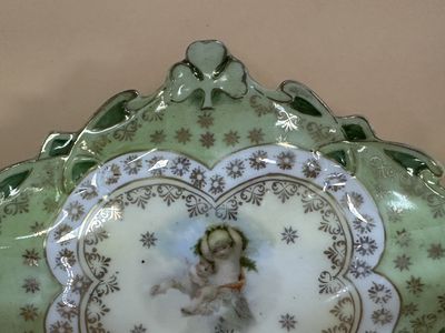 Porcelain. Antique Trinket Dish w/Angel &amp; Shamrocks. Mint Green. 5.5"W