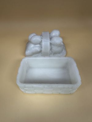 Glass. USA. Antique (1800s) Milk Glass Box w/Lid. Chicks in a Basket. 4.25"W