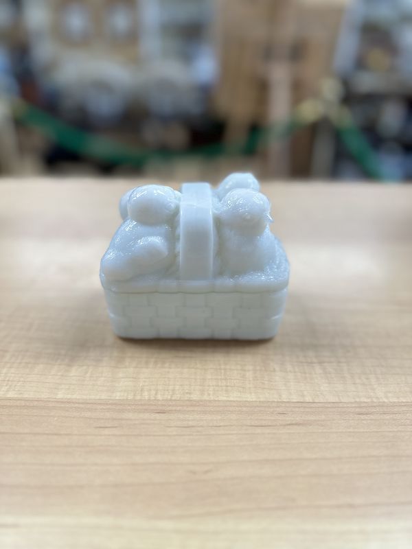 Glass. USA. Antique (1800s) Milk Glass Box w/Lid. Chicks in a Basket. 4.25&quot;W