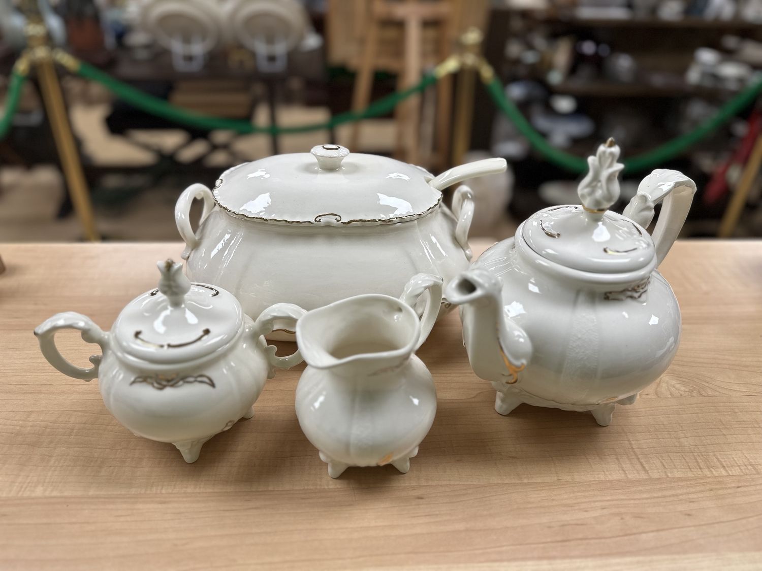 Porcelain. USA. Vintage 8-Piece Set: Soup Tureen w/Ladle &amp; Lid, Teapot w/Lid, Sugar Bowl w/Lid, &amp; Creamer. Ivory w/Hand-painted Gold Trim. Circa 1978. 11&quot;W
