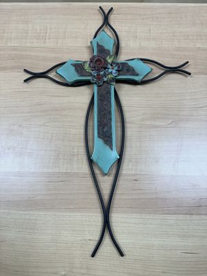 Decor. Metal &amp; Wood Hanging Double-Cross. 12"W x 18"H