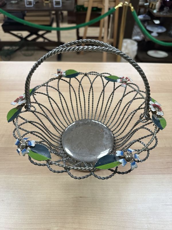 Decor. USA. Vintage Bridal Basket. Six Painted Metal Flowers along Rim. Circa 1960-70s. 9.5&quot;W