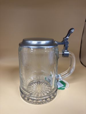 Stein. Germany. ALWE Glass Beer Stein w/Elk Etching &amp; Pewter Lid. 6.25"H