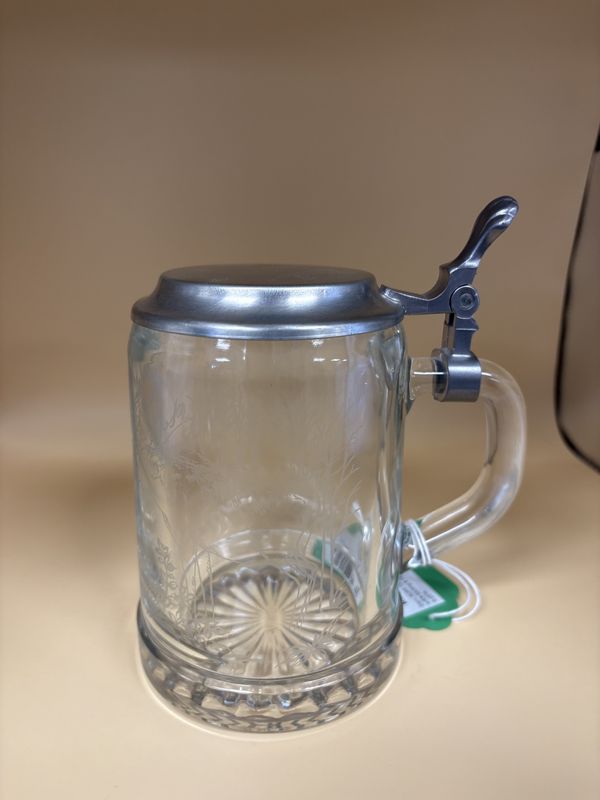 Stein. Germany. ALWE Glass Beer Stein w/Elk Etching &amp; Pewter Lid. 6.25&quot;H