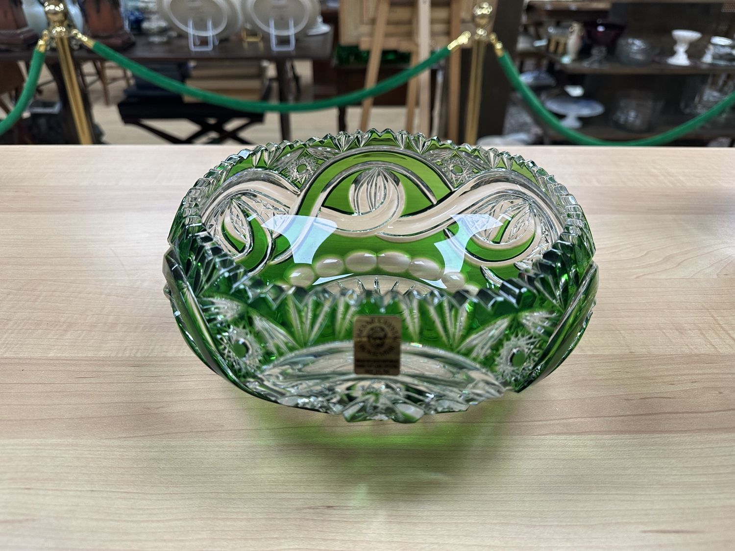 Crystal. Czech Republic. Caesar Crystal Bohemiae. &quot;Alice&quot; Cranberry Bowl. Emerald Green. Signed, w/Box. 8.5&quot;W