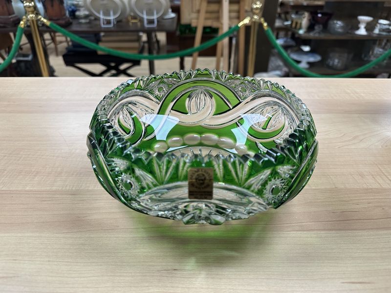 Crystal. Czech Republic. Caesar Crystal Bohemiae. &quot;Alice&quot; Cranberry Bowl. Emerald Green. Signed, w/Box. 8.5&quot;W