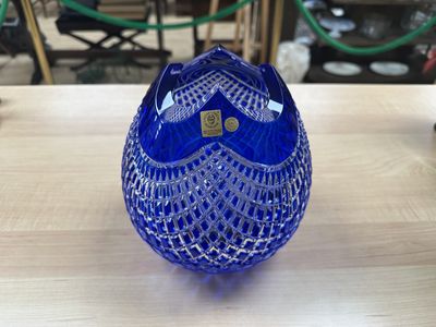 Crystal. Czech Republic. Caesar Crystal Bohemiae. "Quadrus" Large Ball Vase. Cobalt Blue. Signed w/Box. 7"W x 8"H