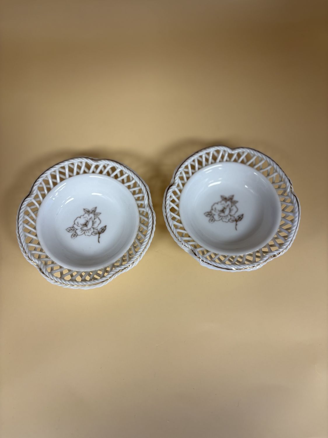 Porcelain. Japan. Candrea. Tooth Pick Holders. Dish. Gold Flower Motif. White with Gold. Set of 2. 3.75&quot;L.