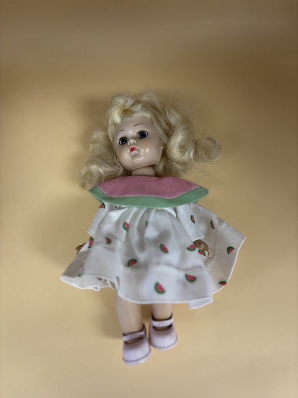 Doll. USA. Vintage Madame Alexander. Blonde Hair &amp; Blue Eyes. Watermelon Dress. With Box. 7.5&quot;H