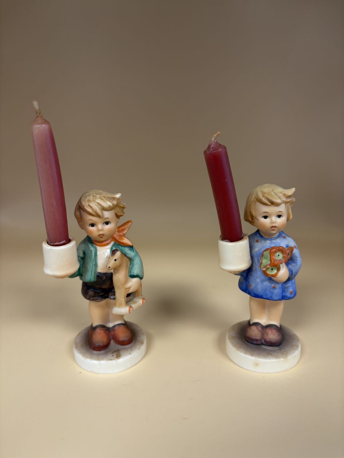 Figurine. Germany. Hummel. With Candlesticks: #115 &quot;Boy with Horse&quot; &amp; #117 &quot;Girl with Nosegay&quot;. Set of 2. TMK 6 (1979-1991). 4&quot;H