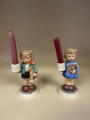 Figurine. Germany. Hummel. With Candlesticks: #115 "Boy with Horse" &amp; #117 "Girl with Nosegay". Set of 2. TMK 6 (1979-1991). 4"H