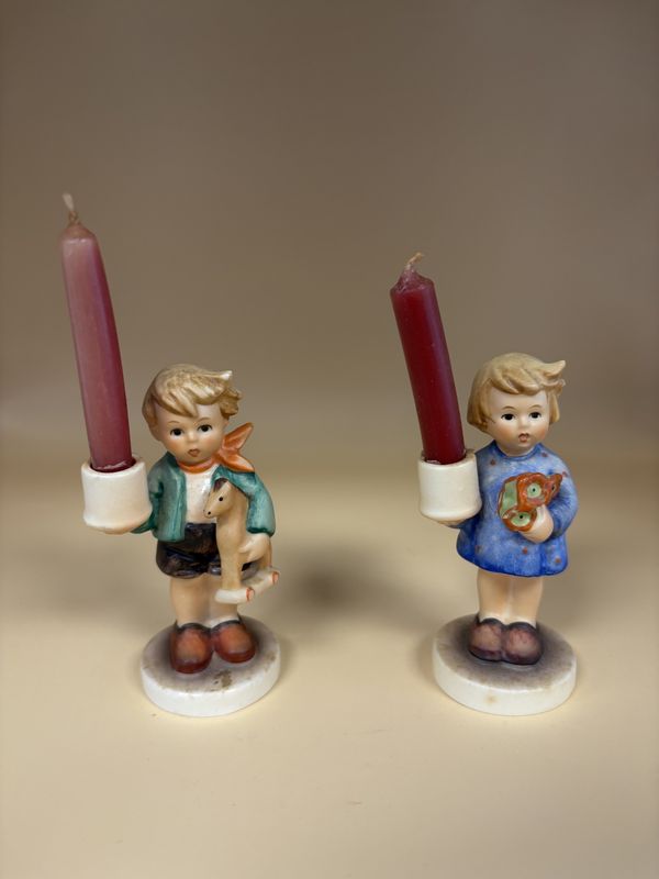 Figurine. Germany. Hummel. With Candlesticks: #115 &quot;Boy with Horse&quot; &amp; #117 &quot;Girl with Nosegay&quot;. Set of 2. TMK 6 (1979-1991). 4&quot;H