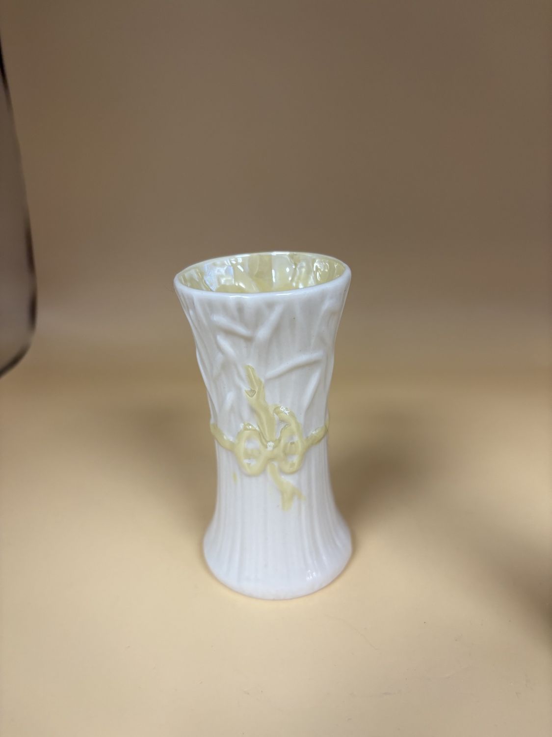 Porcelain. Ireland. Belleek. Typha Spill Vase. Yellow Bow. Yellow Interior. 4&quot;H [6th Mark/3rd Green: 1965-1980]