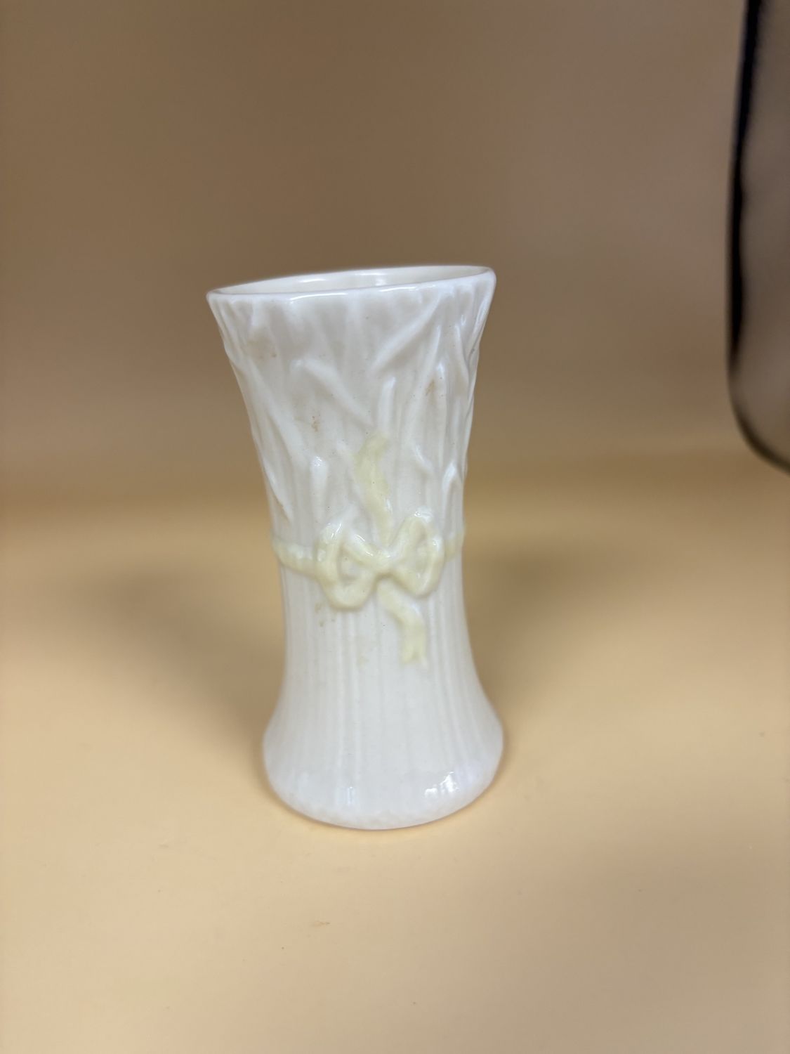 Porcelain. Ireland. Belleek. Typha Spill Vase. Yellow Bow. White Interior. 4&quot;H [6th Mark/3rd Green: 1965-1980]