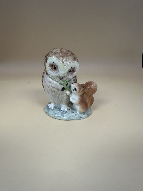 Figure. England.  F. Warne &amp; Co. Ltd. Beatrix Potter&#39;s &quot;Old Mr. Brown&quot; Owl w/Squirrel. 3.25&quot;H