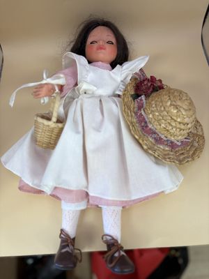 Doll. Italy. Furga. Vintage Italian Doll. Brown Hair, Blue Eyes, Pink Dress, White Smock, Straw Hat, &amp; Wicker Basket. 15"H