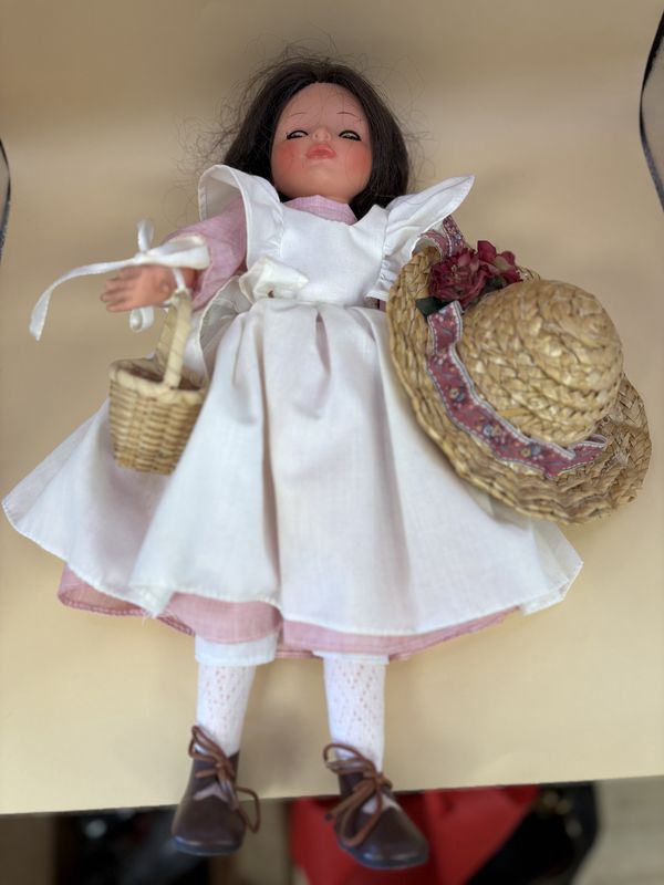 Doll. Italy. Furga. Vintage Italian Doll. Brown Hair, Blue Eyes, Pink Dress, White Smock, Straw Hat, &amp; Wicker Basket. 15&quot;H