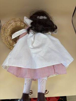Doll. Italy. Furga. Vintage Italian Doll. Brown Hair, Blue Eyes, Pink Dress, White Smock, Straw Hat, &amp; Wicker Basket. 15"H