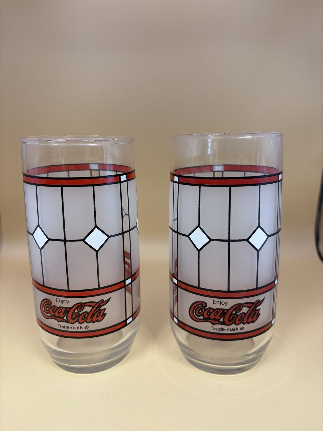 Glass. Coca-Cola (Coke). Glasses. Frosted Stained Glass Style. 6&quot;H (Set of 2)
