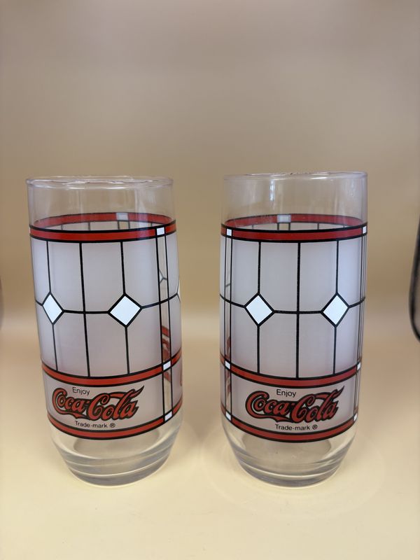 Glass. Coca-Cola (Coke). Glasses. Frosted Stained Glass Style. 6&quot;H (Set of 2)