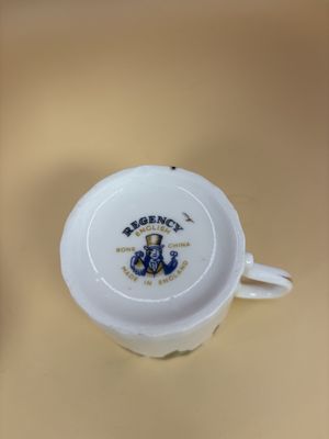 Porcelain. England. Regency. Espresso Cups. Set of 2. Ivy Designs with Rose on Interior.
