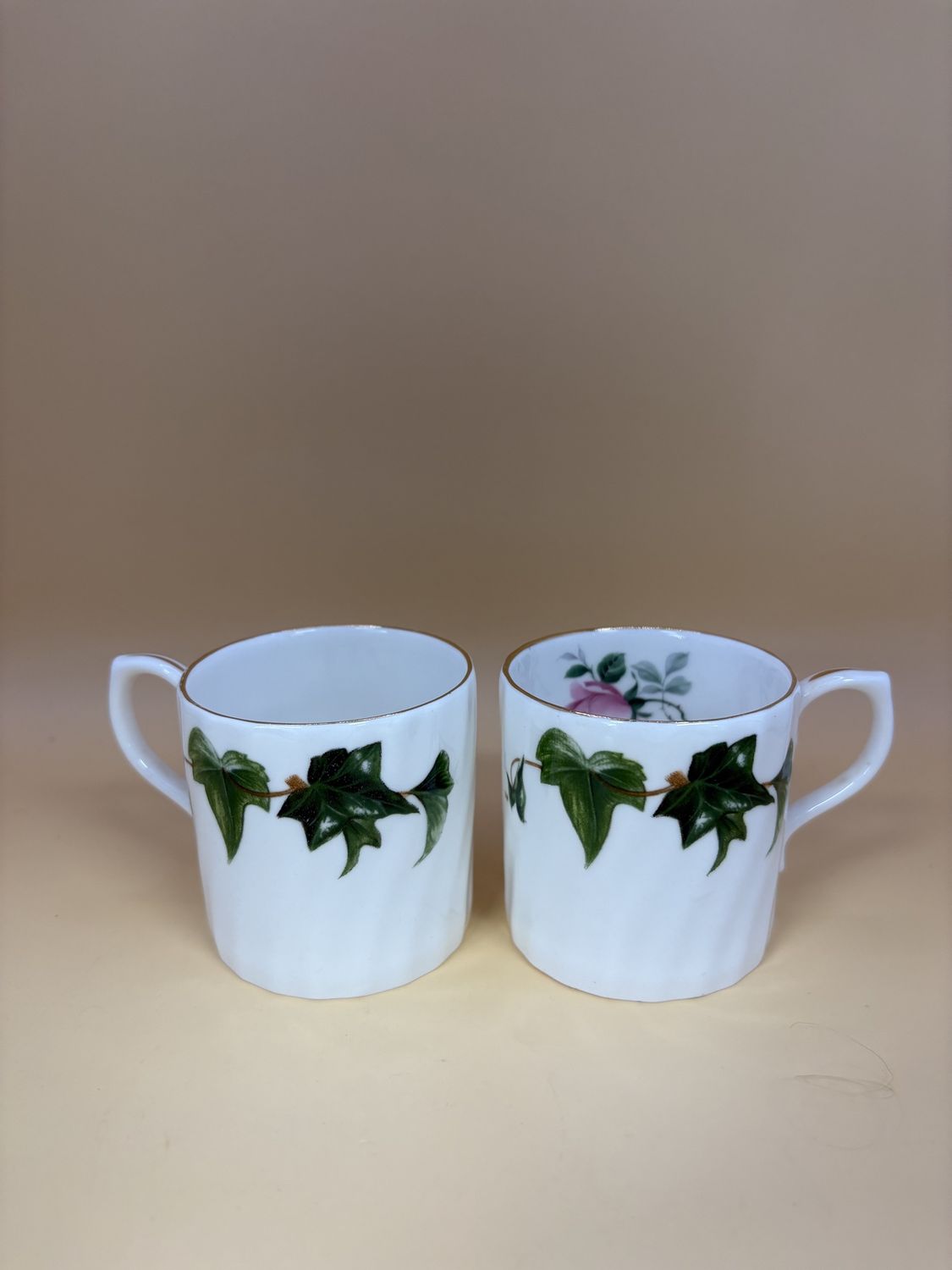 Porcelain. England. Regency. Espresso Cups. Set of 2. Ivy Designs with Rose on Interior.