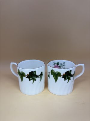Porcelain. England. Regency. Espresso Cups. Set of 2. Ivy Designs with Rose on Interior.