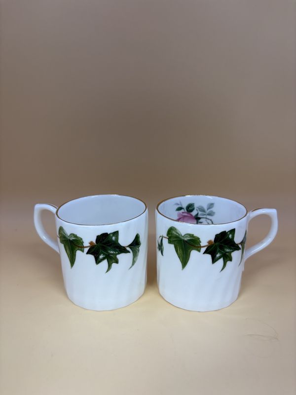 Porcelain. England. Regency. Espresso Cups. Set of 2. Ivy Designs with Rose on Interior.