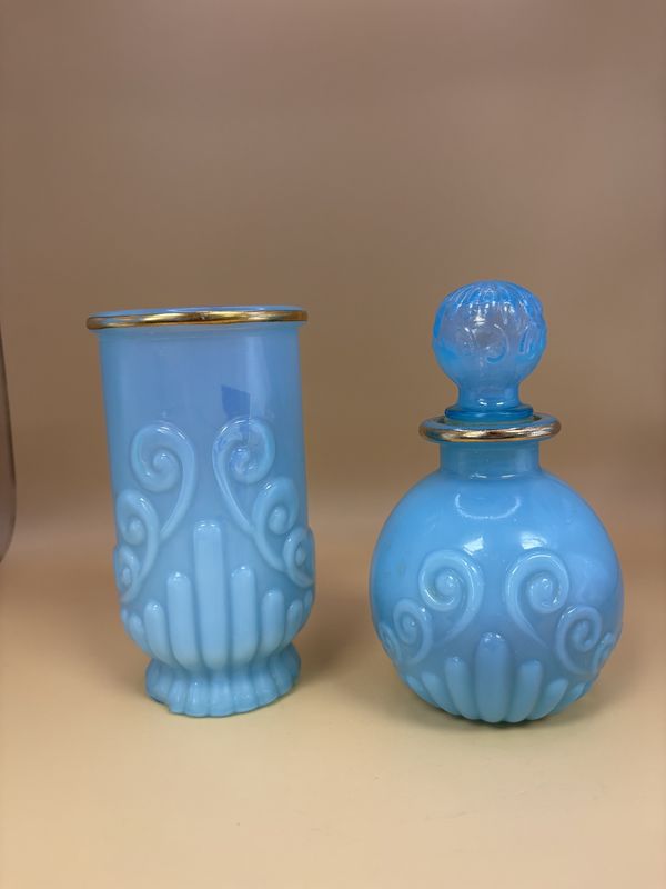 Glass. USA. Avon. Set: Moonwind Cologne in Bottle + Matching Water Cup. Opaque &quot;Bristol Blue&quot; w/Gold Trim. 5&quot;H