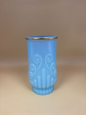 Glass. USA. Avon. Set: Moonwind Cologne in Bottle + Matching Water Cup. Opaque "Bristol Blue" w/Gold Trim. 5"H