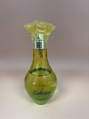 Glass.  France. Gres. Vintage French Eau de Toilette. Fleur de Cabotine. Green/Yellow Bottle. 5"H