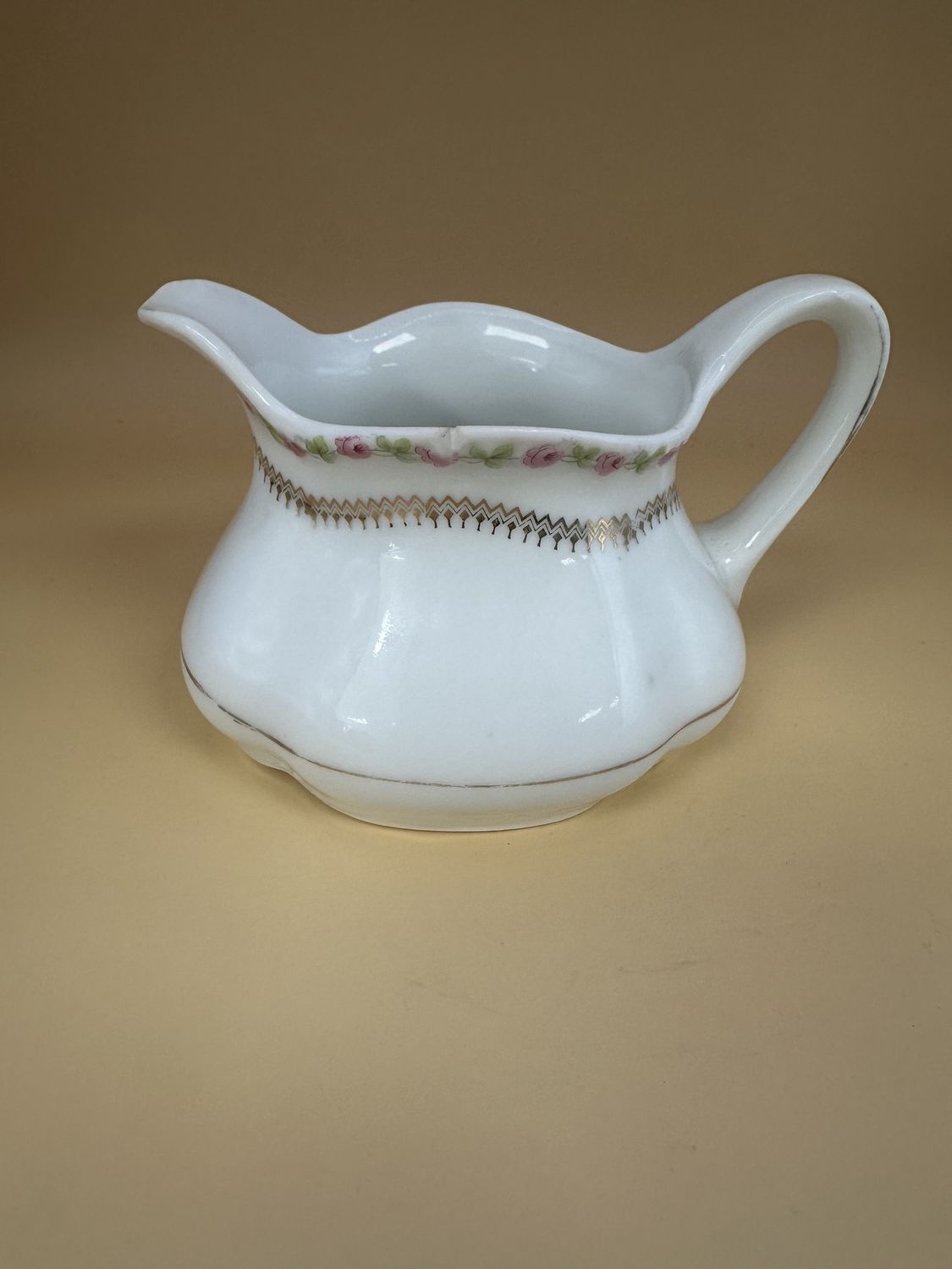 Porcelain. Germany. Creamer. White w/Gold Accents. Pink Roses around Rim. 3&quot;H