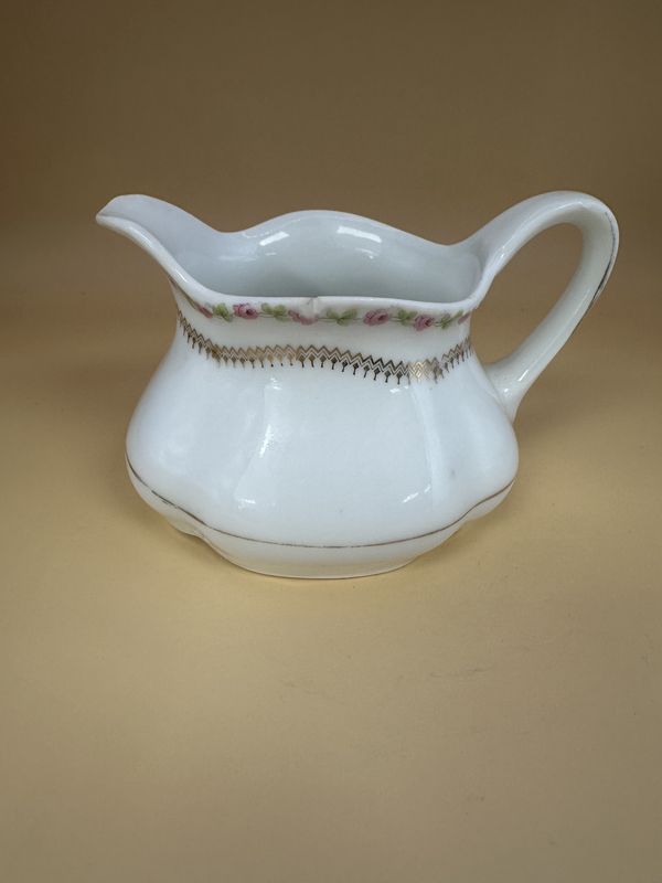 Porcelain. Germany. Creamer. White w/Gold Accents. Pink Roses around Rim. 3&quot;H