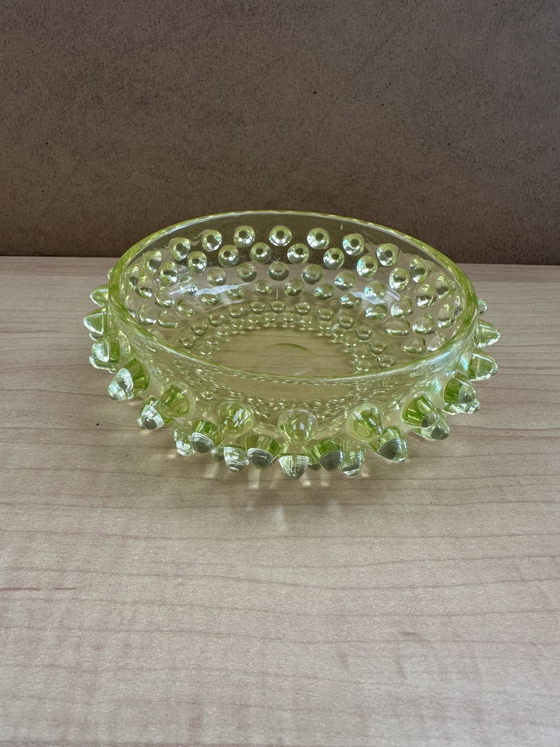 Glass. USA. Fenton. Lime Green Hobnail Uranium Glass Bowl (glows).  5&quot;W