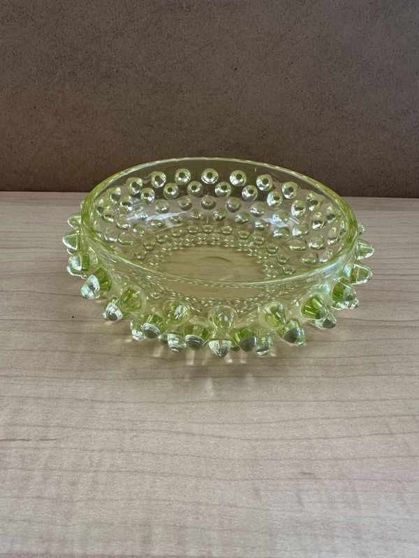 Glass. USA. Fenton. Lime Green Hobnail Uranium Glass Bowl (glows).  5&quot;W