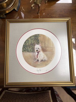 Artwork (Print). USA. P. Buckley Moss. Frames &amp; Matted "Hug Me" Print of Westie Dog. Rare (per artist's gallery). 14"W x 14"H