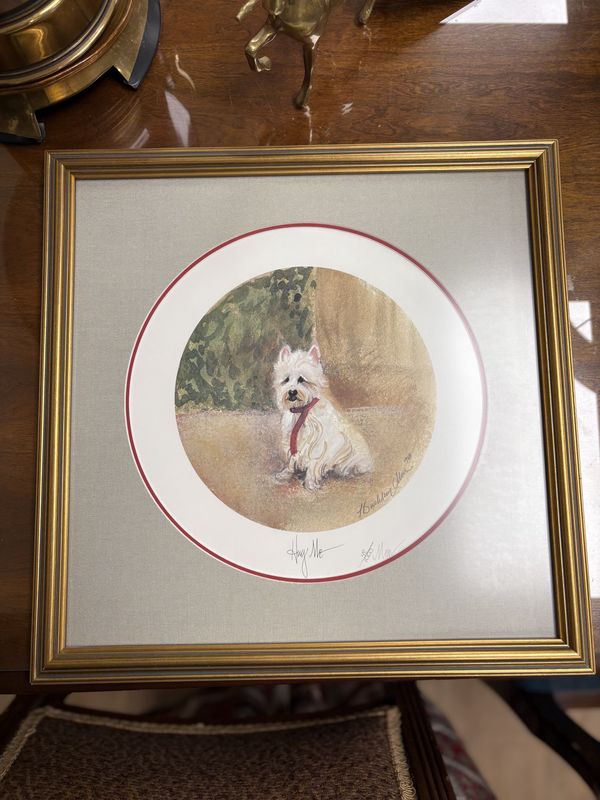 Artwork (Print). USA. P. Buckley Moss. Frames &amp; Matted &quot;Hug Me&quot; Print of Westie Dog. Rare (per artist&#39;s gallery). 14&quot;W x 14&quot;H