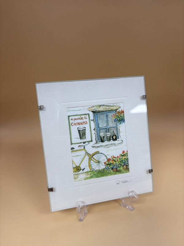 Artwork (Print). Ireland. Framed Miniature Irish Watercolor Print of Bicycle in Front of Window. 5&quot;H