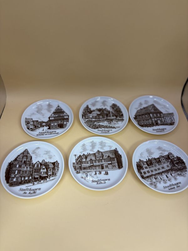 Ceramic. Germany. Kaiser. Stadthagen Drink Coasters. White w/Brown Buildings. Mid-century. Set of 6. 4&quot;W