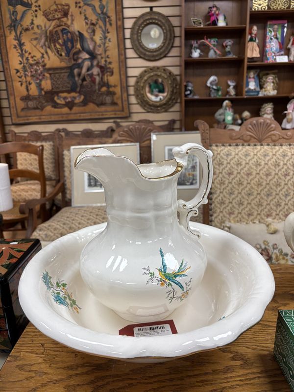 Ceramic. Antique Pitcher &amp; Wash Basin Set w/Turquoise Bird &amp; Flowers. 15.5&quot;W x 12&quot;H