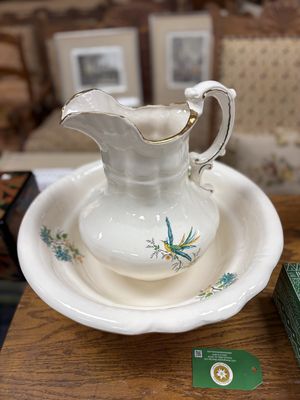 Ceramic. Antique Pitcher &amp; Wash Basin Set w/Turquoise Bird &amp; Flowers. 15.5"W x 12"H