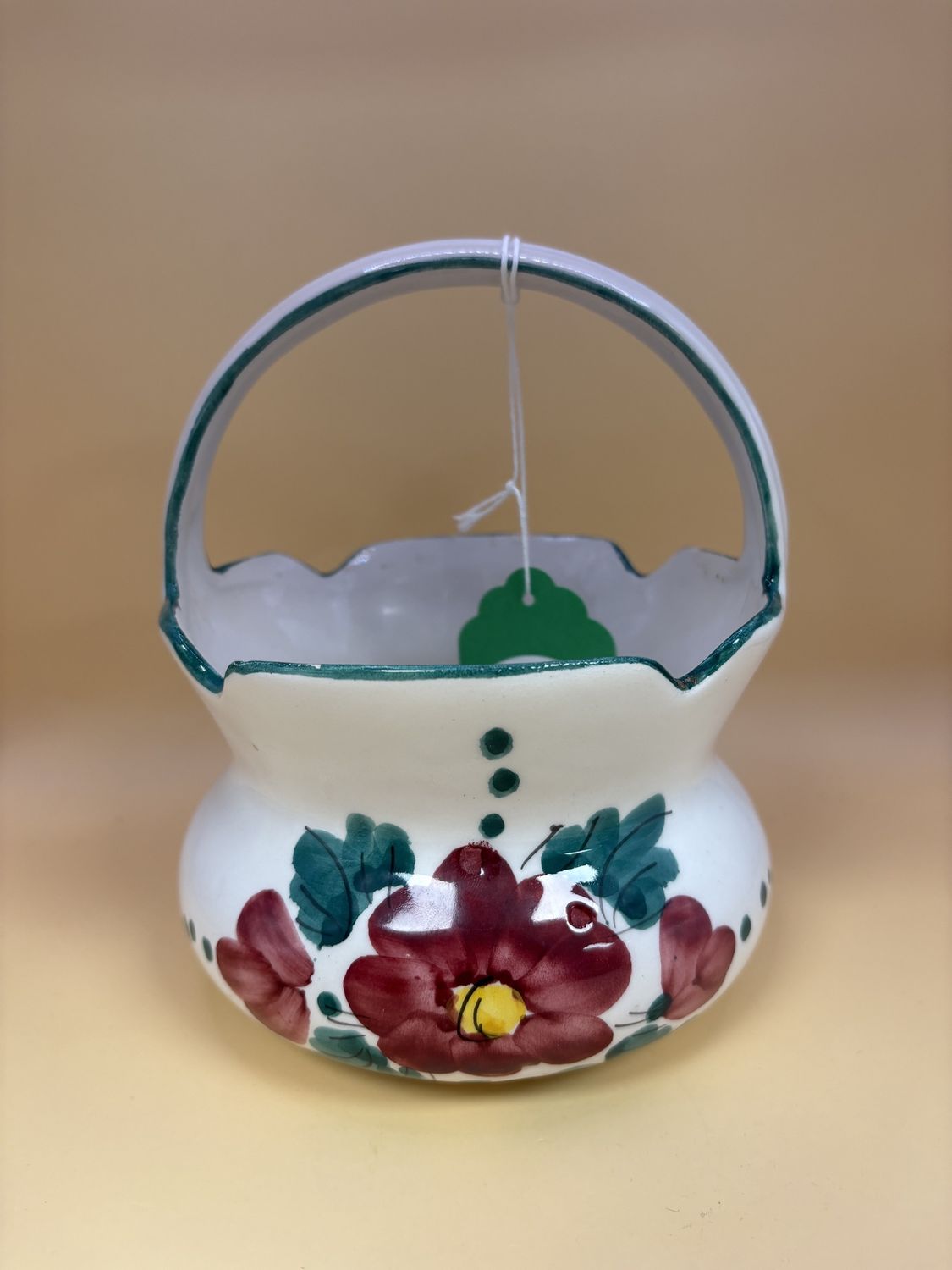 Ceramic. Italy. Basket. White w/Painted Roses &amp; Green Trim. 5.5&quot;W x 6.5&quot;H