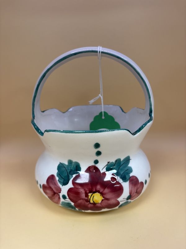 Ceramic. Italy. Basket. White w/Painted Roses &amp; Green Trim. 5.5&quot;W x 6.5&quot;H