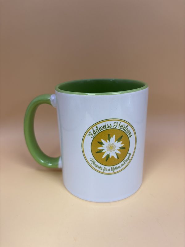 Ceramic. Edelweiss Heirlooms Mug. White w/Bright Green Interior. 3.75&quot;H